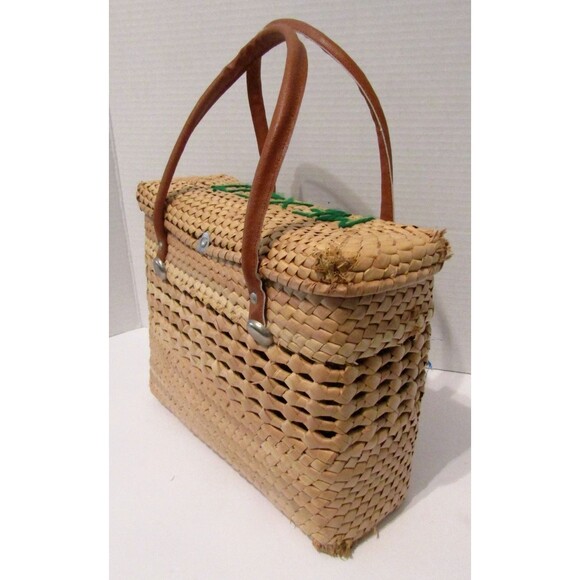 Vintage Mexican Woven Straw Purse Raffia Flowers Leather Straps Basket Box - Picture 6 of 10